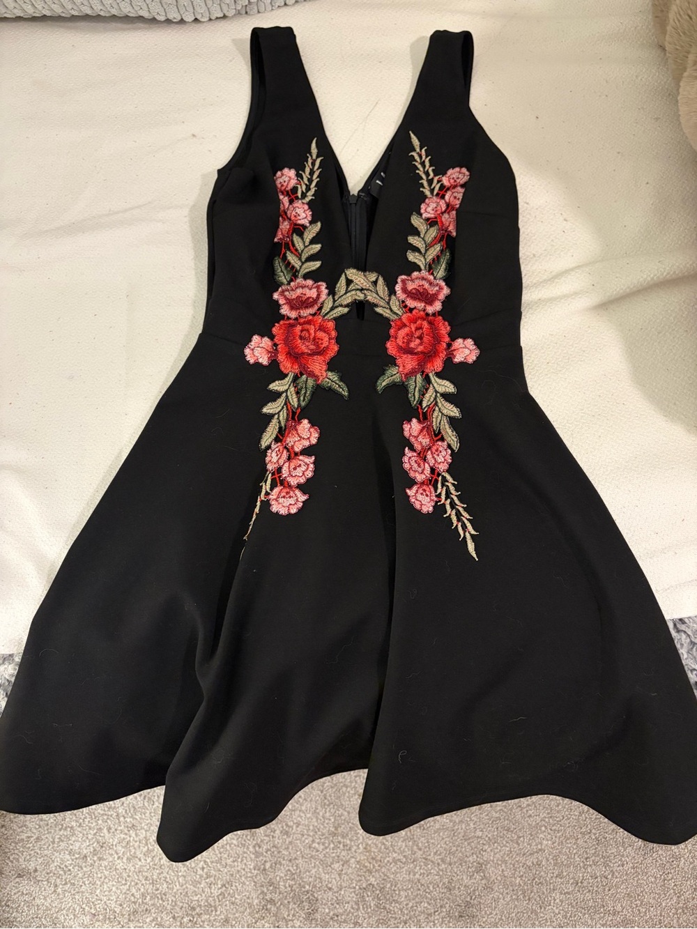Lulu's Black Strapless Dress with Red & Pink Floral Embroidery